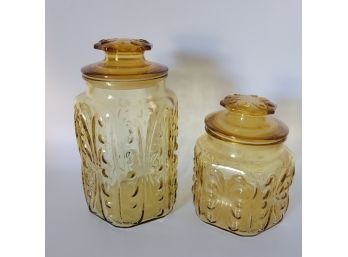 L E Smith Atterbury Scroll Gold Glass Jars