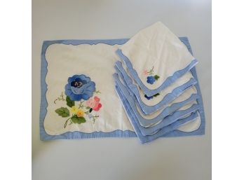 Blue Embroidered Placemat & 5 Napkins