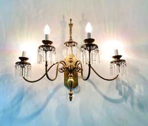 Large Four Light Brass And Crystal Wall Fixture