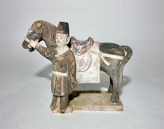 Antique Chinese Han Dynasty Style Horse With Attendant