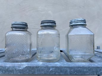 Three Antique Glass Coffee Jar With Zinc Lids