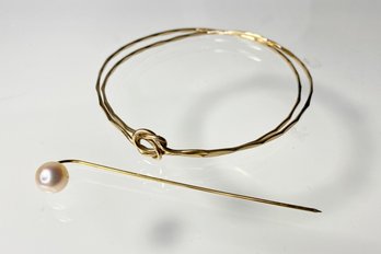 Gold Knot Bracelet And Gold Pink Pearl Pin