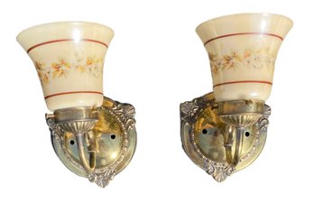 Two Vintage Brass And Glass Sconce