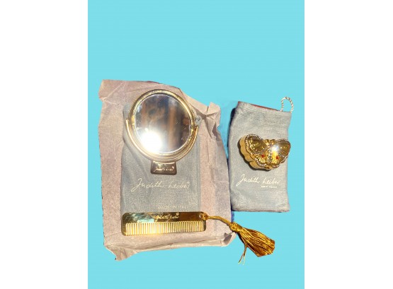 Judith Leiber Jeweled Gold Pill Case, Mirror & Comb