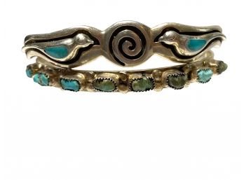 Two Sterling Silver And Turquoise Southwest Cuffs