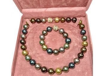 Stunning Tahitian Mixed Shade Faux Pearl Necklace And Bracelet Set