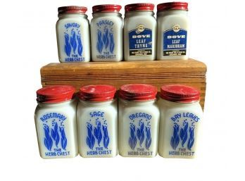 A Dozen Vintage Milk Glass Spice Jars And Storage Box