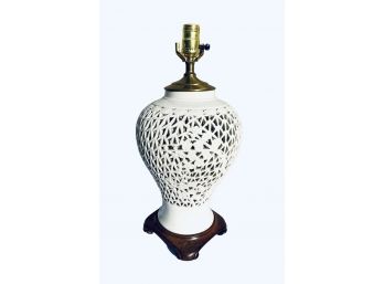 Reticulated Blanc De Chine Mounted Lamp On Wooden Stand