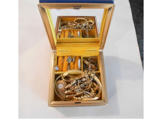 Jewelry Box,  Blue Satin, Gold Trim, Jewelry Inside