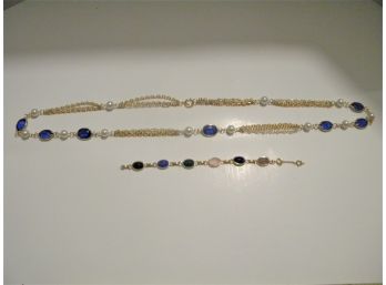 Gold Pearl & Blue Stone Necklace, Multi-color Bracelet - Lot 20