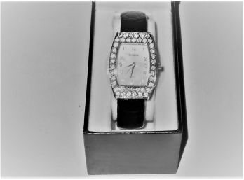 Chico's Leather Bracelet Watch, Black , Rhinestones & Silver - Lot 240
