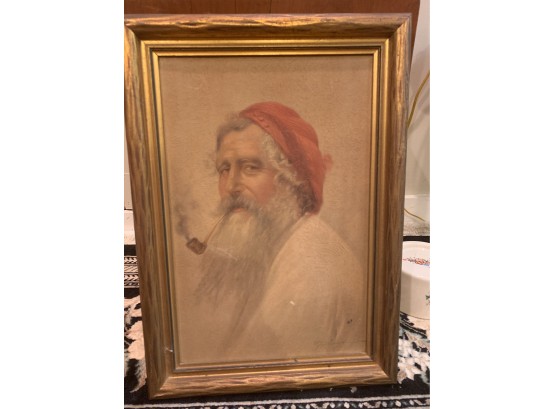 Antique Framed  Oil On Board Portrait Painting Of A Man Smoking A Pipe Signed By The Artist