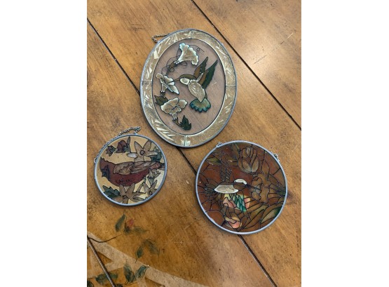 Lot Of 3 Stain Glass Sun Catchers Floral Designs With Birds.
