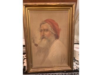 Antique Framed  Oil On Board Portrait Painting Of A Man Smoking A Pipe Signed By The Artist