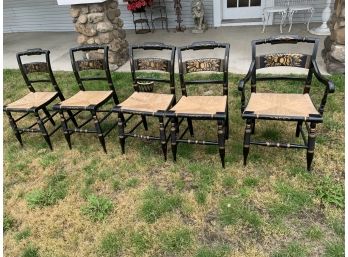Set Of 5 Antique Black Hitchcock Cane Seat Chairs