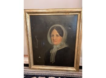 Circa 1840s Large Oil On Canvas Painting Portrait Of A Woman Prepared By Hollister & Wheeler Boston MA