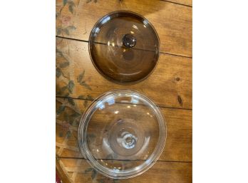Pair Of Glass Casserole Lids With Knob Handles, One Pyrex, One Unbranded
