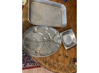 Two Vintage Trays And A Vintage Pan. The Largest Measures 18 Long