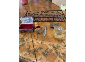 Miscellaneous Lot Of Items, Trinket Box, Fisherman, Tray.metal Toy Comb, Quarter, And French Souvenir