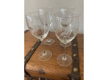 4 Beautiful Cut Glass Wine Glasses With Cranes, From Hollies On The Avenue