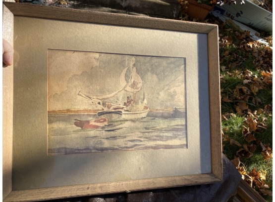 Antique Watercolor Painting Of A Ship At Sea Framed And Matted
