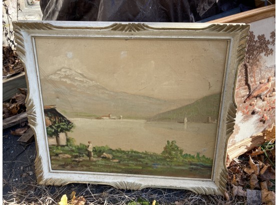 Antique Oil On Canvas Lake Scene. In A Beautiful Antique Frame Signed