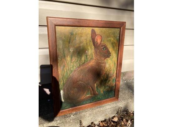 Cute Vintage Oil On Canvas Painting If A Bunny Rabbit Signed And Framed