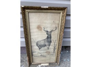 Beautiful Graphite Or Chalk Elk Painting Circa Late 1800s Early 1900s