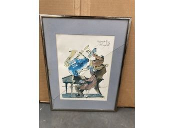 Meiersdorff  Ink And Watercolor Lithograph Playing Jazz Music With Piano  Signed Framed And Matted