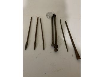 Antique Metal Bolts, Drills, Tools, Files