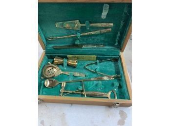Brass Or Brass Coated Serving Bar Set In Felt And Wooden Box
