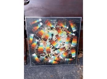 Mid Modern Signed Abstract Oil On Canvas In A Metal Frame. Measuring 30 Inches By 30 Inches