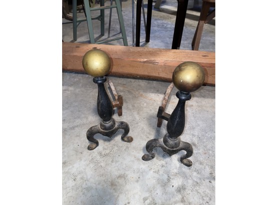 Set Of Antique Andirons Cast Iron And Brass
