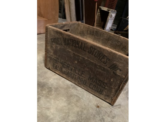 Antique First National Stores INC Beverages  Wooden Crate With Iron Straps, Somerville Mass, East Hartford CT