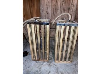 2 Larger  Wood And Metal Hanging Lantern Holders