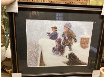 Adorable Print Of Kids Throwing Snowballs On A Roof, Framed Matted, And New Never Hung!