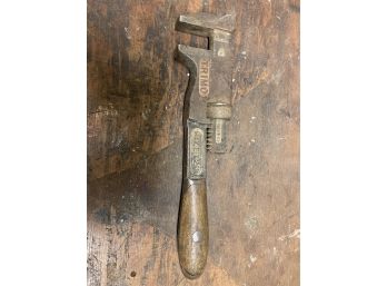 Antique Trimo 12'adjustable  Forged Pipe Wrench With Wood Handle.