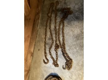 2 Antique Iron Chains With Hooks One Approx.. 8 Ft The Other 12 Ft