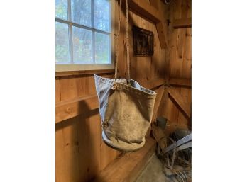 Antique Horse Feed Bag With Wood Bottom.