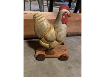 Cute Wooden Pull Chicken On Wheels, Vintage Pull Toy