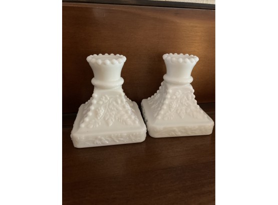 Pair Of Beautiful Milk Glass Candle Holders With Grape Design