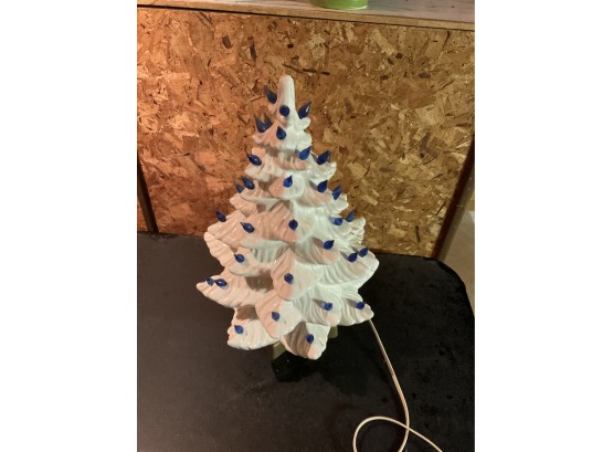 Vintage White Ceramic Christmas Tree With Blue Lights