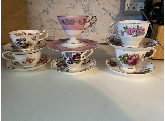 Lot Of 6 Antique Fine English Bone China Teacups & Saucers Including Royal Chelsea, Tuscan, & Royal Halsey