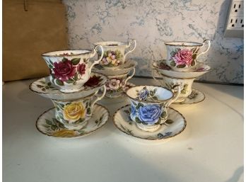 Lot Of 7 Golden Crown E&R English Fine Bone China Teacups & Saucers, Including Rose Queen & Remembrance Series