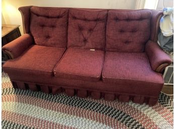 Red Midcentury Modern Upholstered Couch With Wood Accents