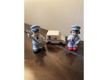 Vintage Lego Japan U.S. Mail Carriers Salt And Peppers With Plastic Post Office Truck