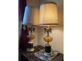 Pair Of Brass Eagle Lamps With Shades, Wood And Amber Glass Centers