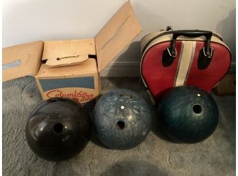 3 Vintage Bowling Balls Including A Columbia 300 Bowling Ball With Box  And A  Leather Case
