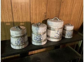 Lot Of 5 Ceramic Barrel Style Kitchen Jars.