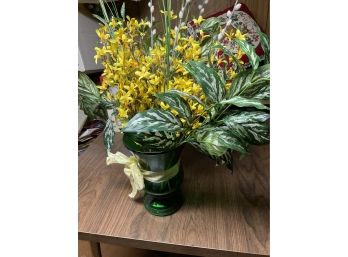 Green Glass Centerpiece Vase With Faux Plastic Flowers